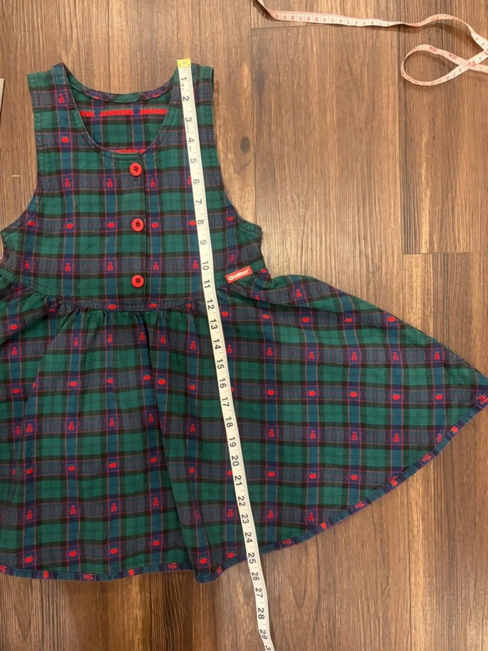 Vintage OshKosh Bgosh Green Plaid Sleeveless Girls Dress with Red Buttons - Picture 15 of 15